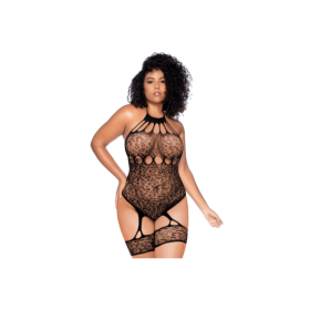 Body grande taille en résille léopard noir à tour de cou et jarretières intégrées - Mapalé